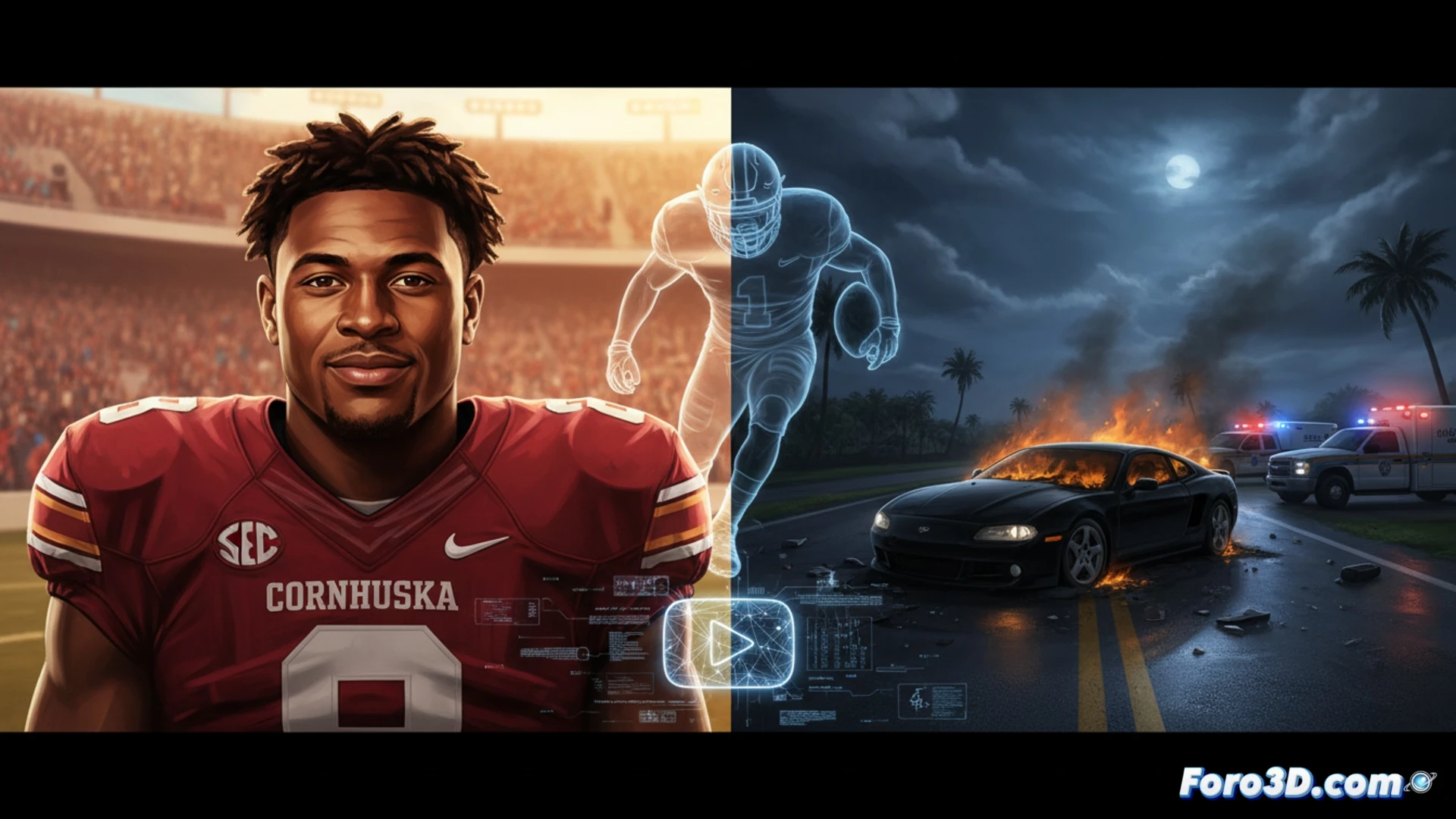 Un ex cornerback de la NFL, con tableta y auriculares, analiza jugadas en un estudio moderno. Su expresión es seria pero apasionada.