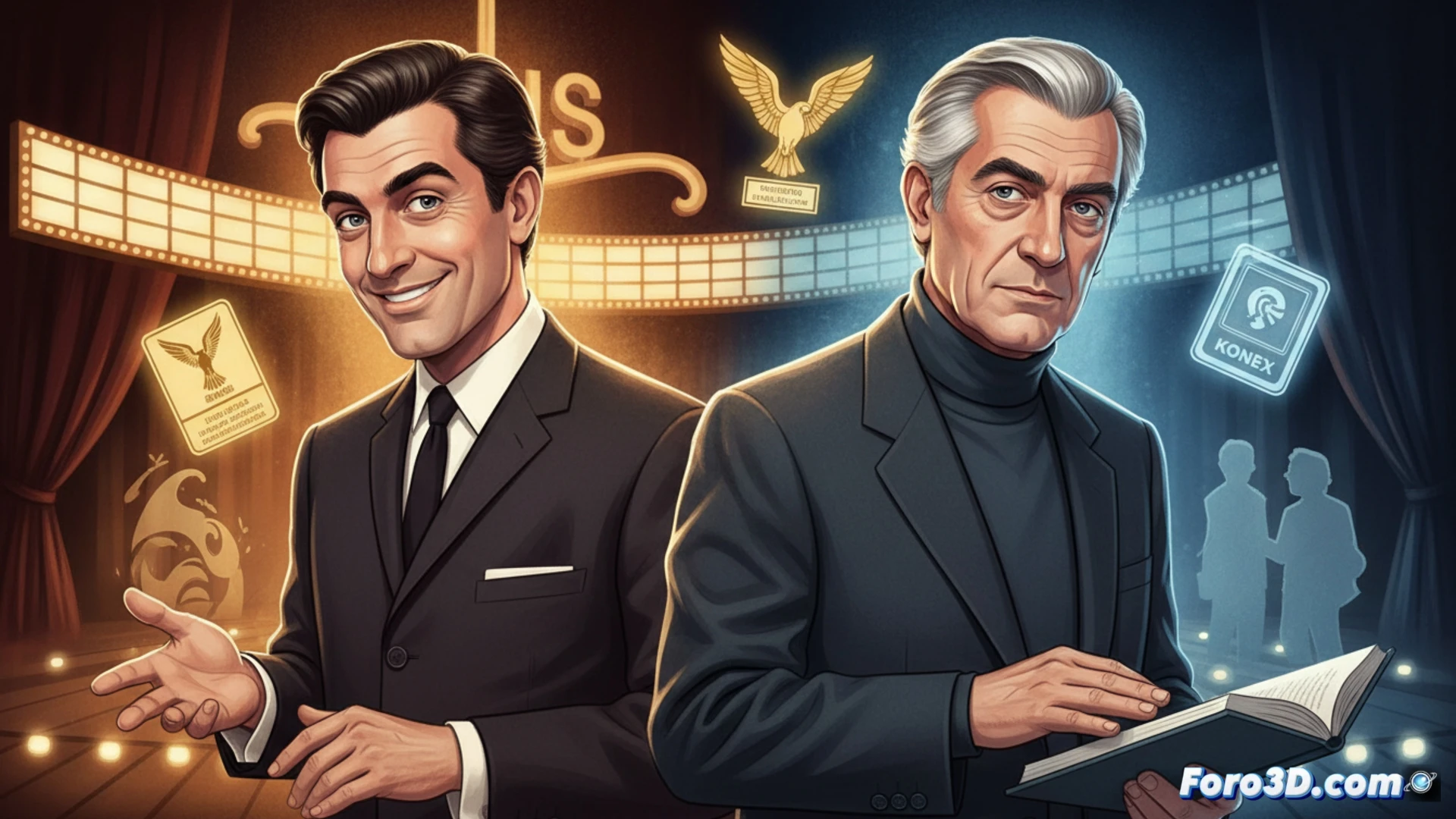 Un primer actor de traje, en un escenario vacío iluminado por un solo foco, saludando al público invisible.