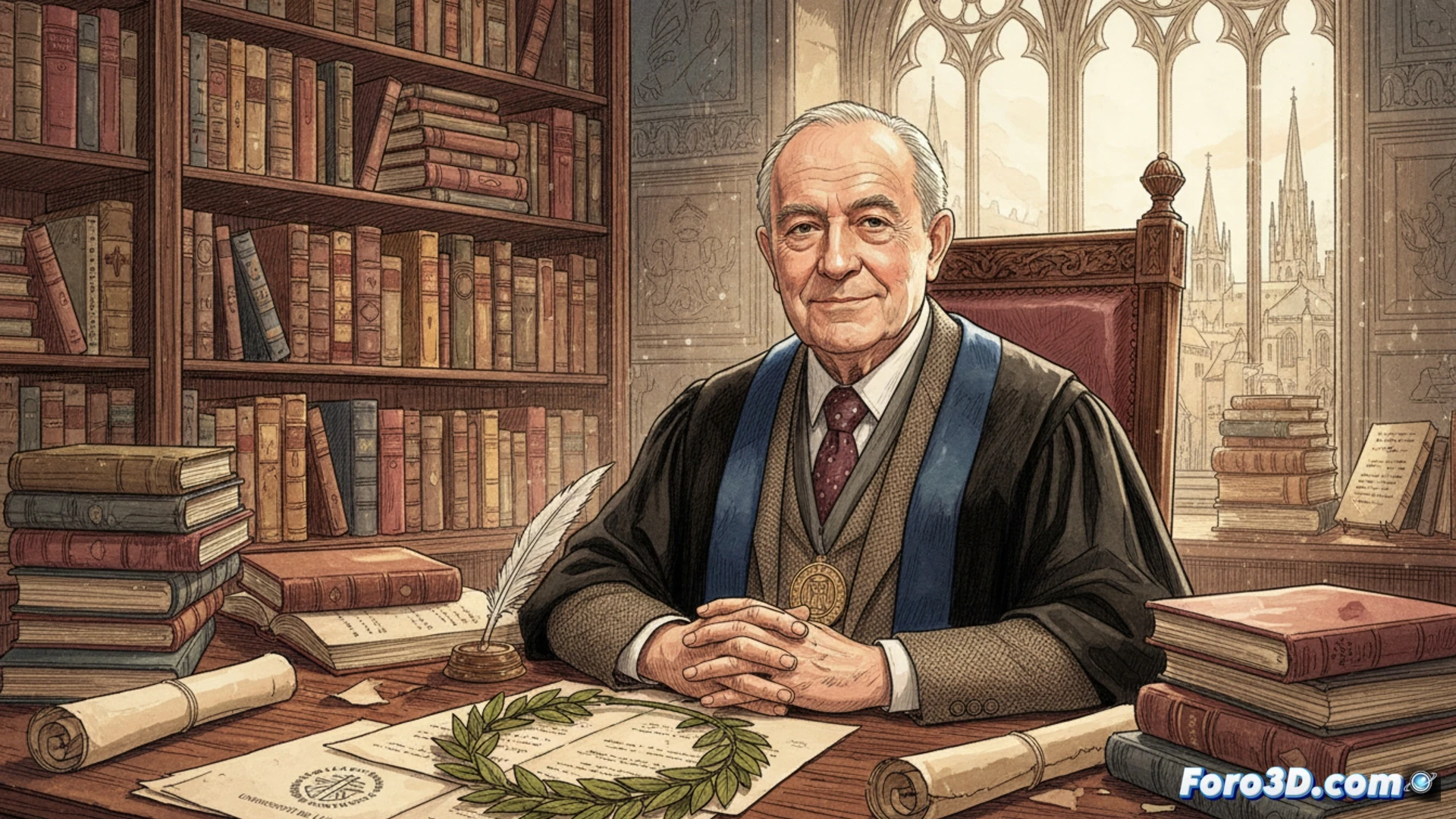 Un hombre mayor, sereno y de mirada profunda, entre estanterías repletas de libros filosóficos.