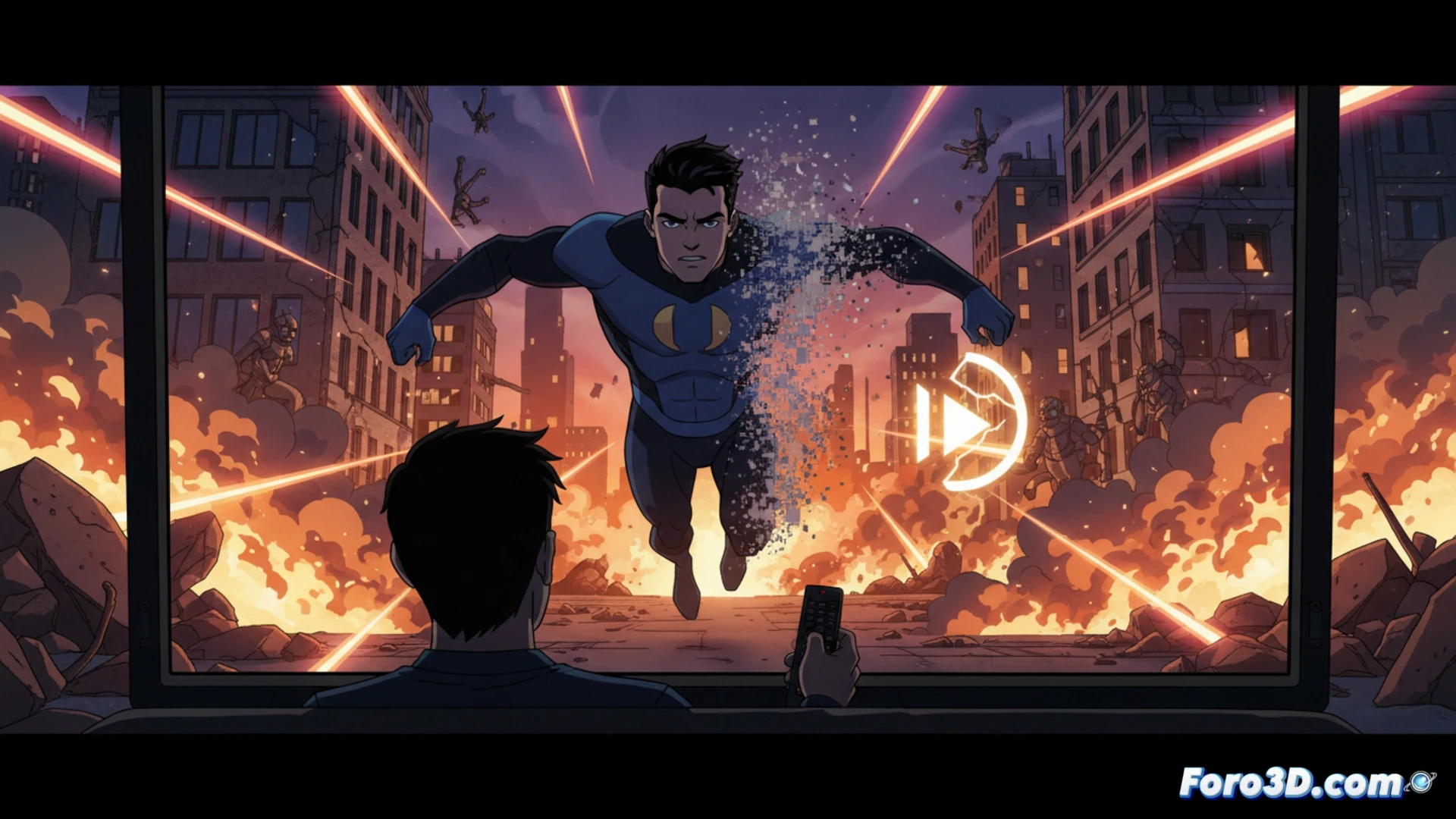 Una escena de 'Invincible' donde un personaje desaparece abruptamente del encuadre, evidenciando un fallo de animación.