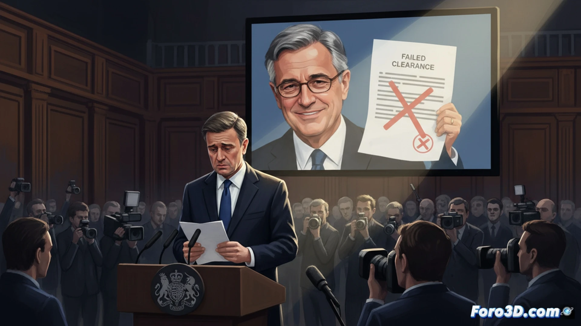 Un candado roto sobre documentos oficiales británicos, simbolizando el fallo en los controles de seguridad del nombramiento.