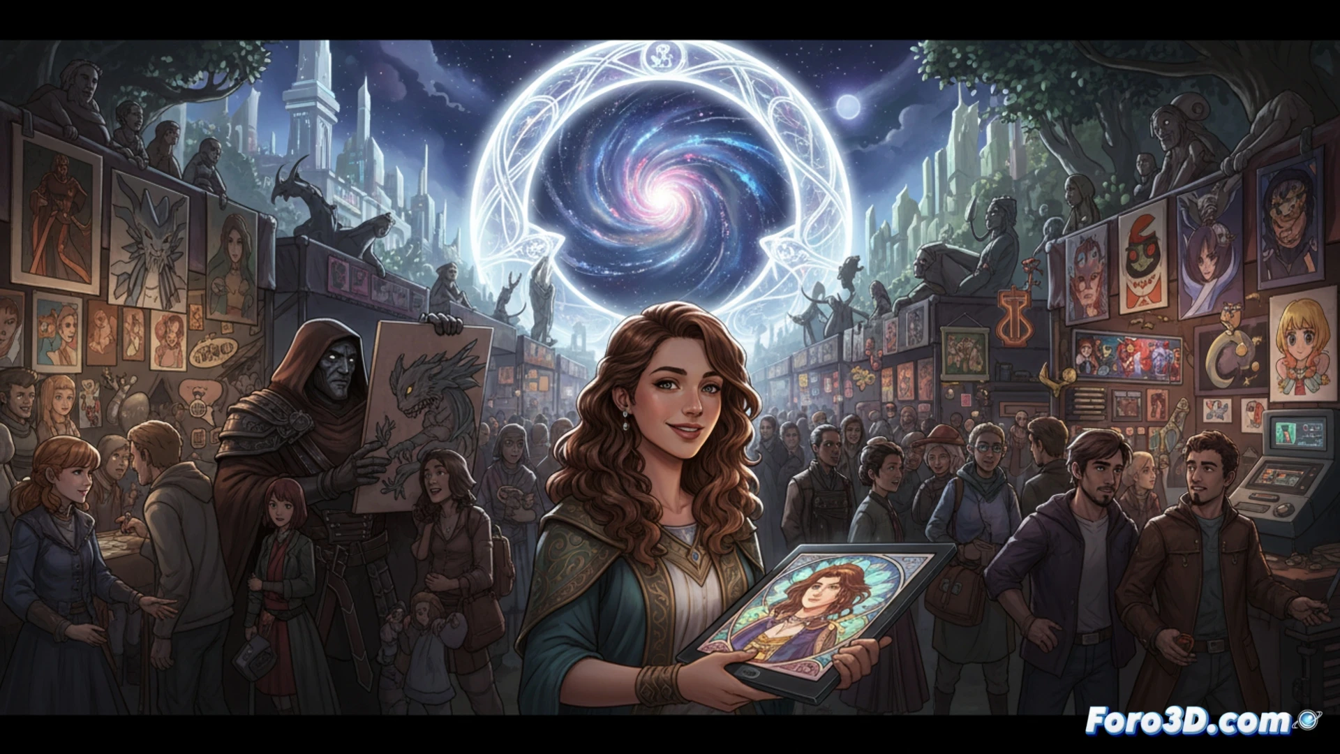 Una artista muestra su ilustración de un personaje famoso a un grupo diverso y entusiasta, que celebra su visión única.