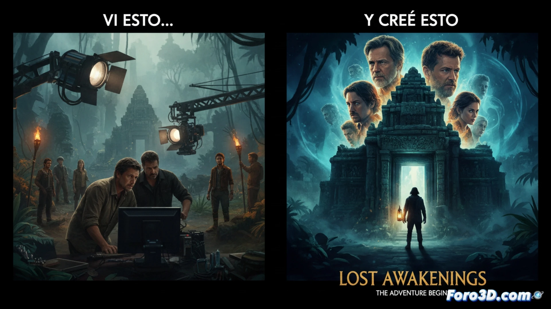 Un aficionado sostiene un póster cinematográfico alternativo que ridiculiza a oficiales, junto a su fotograma original.