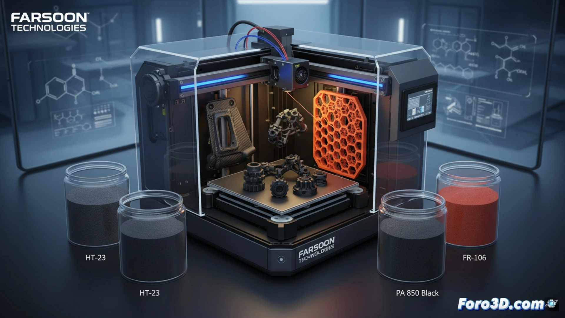 Faroons impresora 3D industrial muestra tres bobinas de polímero avanzado: PEKK con fibra de carbono, poliamida biológica y material ignífugo, en un entorno técnico y luminoso.