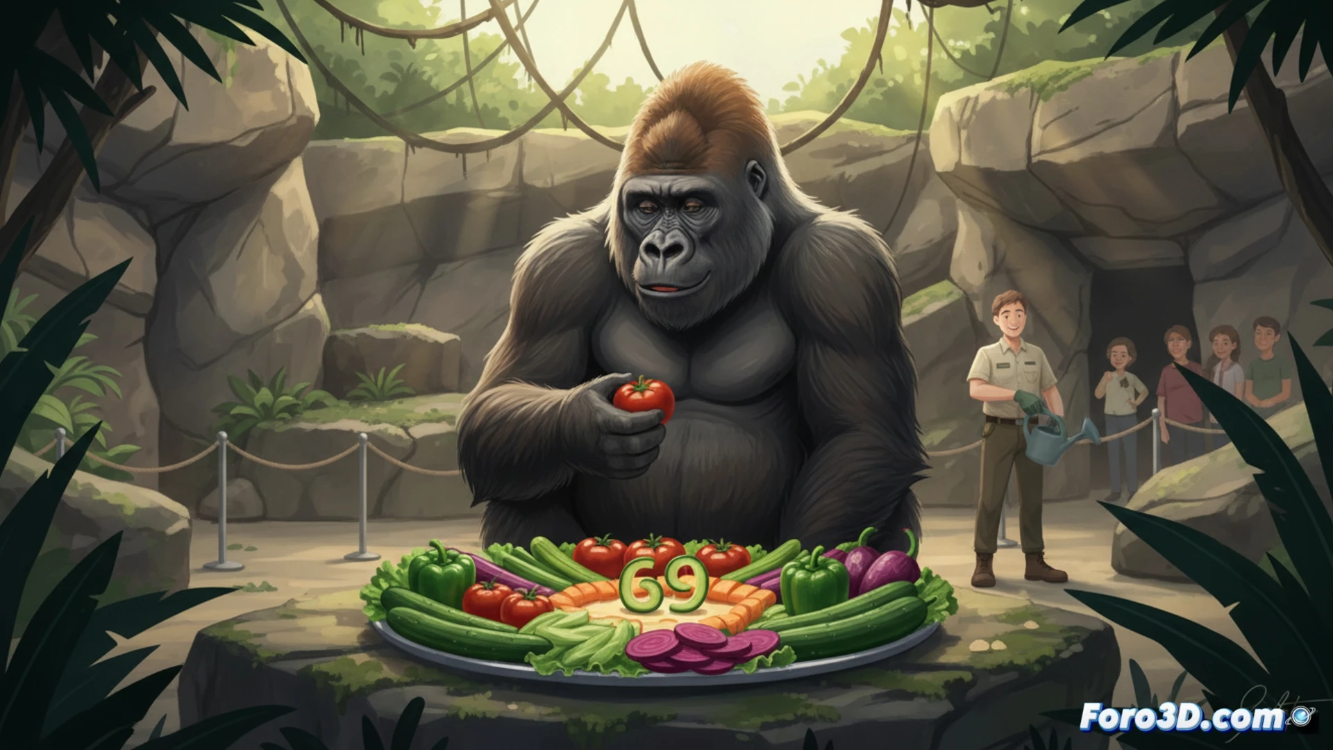 Una gorila anciana disfruta su festín de cumpleaños de verduras en su recinto del zoológico de Berlín.