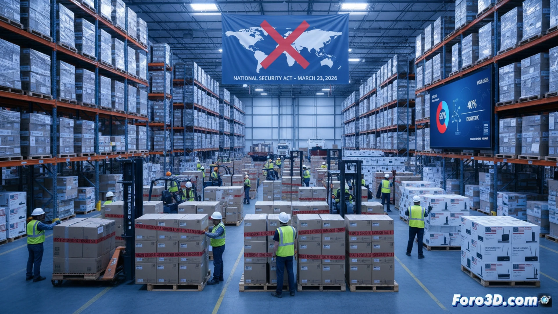 Un mapa de EUA con routers tachados y banderas chinas rotas, simbolizando la prohibición de la FCC por seguridad nacional.