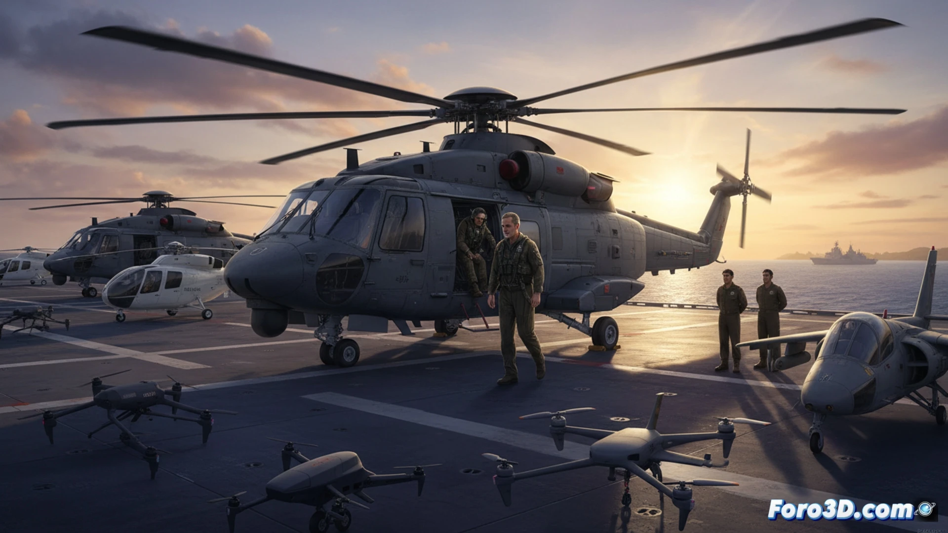 Felipe VI, con casco de vuelo, aborda un NH90 en Rota; al fondo, helicópteros H135 y aviones Harrier en pista.