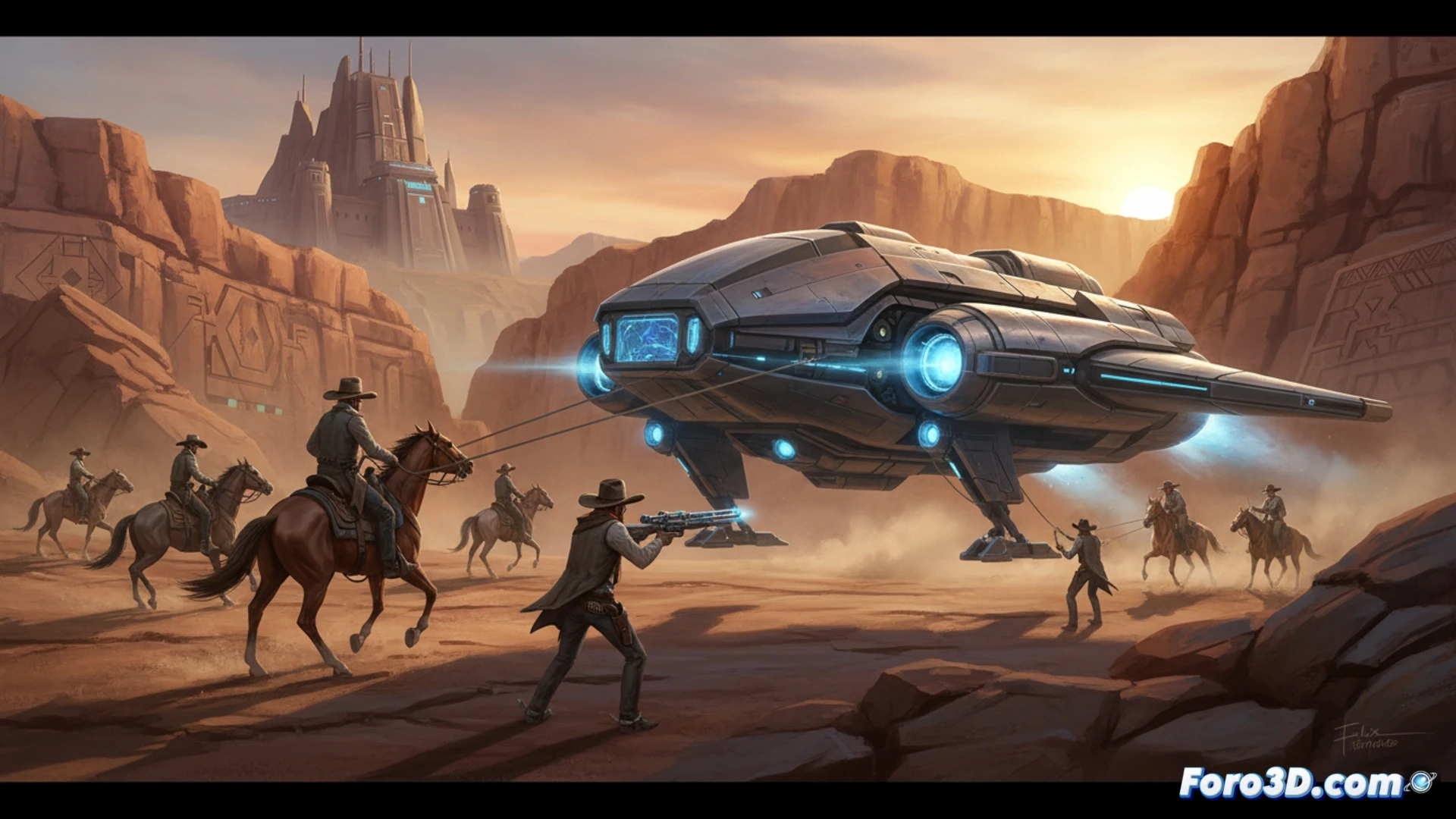 Un artista digital fusiona un saloon del Lejano Oeste con naves futuristas, bajo un cielo de tonos épicos y detalles narrativos intrigantes.