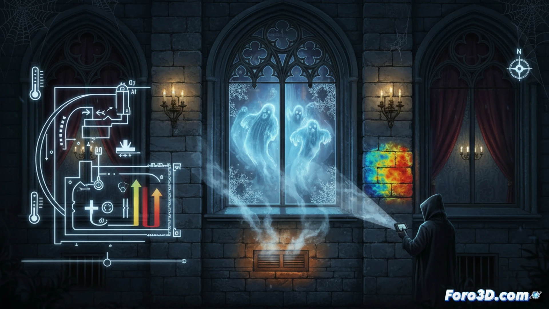 Un salón palaciego con un termómetro digital mostrando un drástico descenso de temperatura en un rincón.