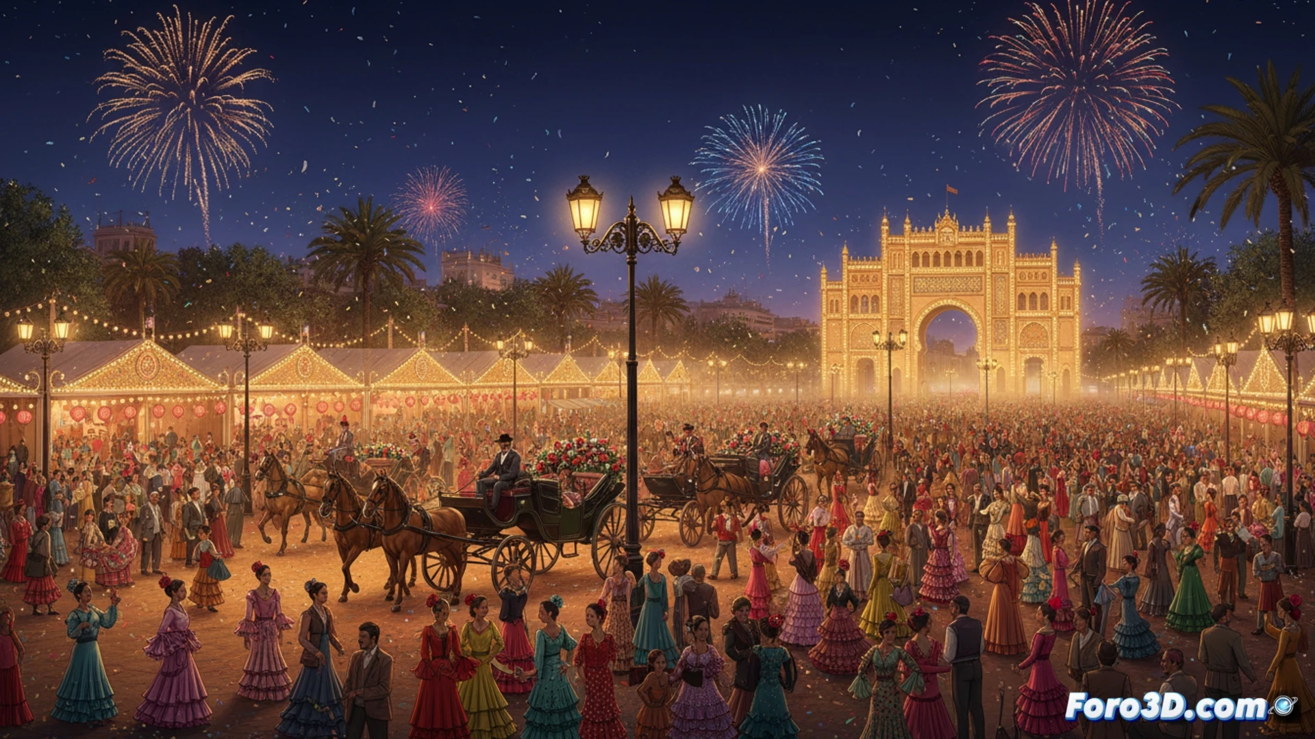 Vista nocturna del Real de la Feria abarrotado, con farolillos, casetas iluminadas y gente bailando bulerías bajo un cielo estrellado.