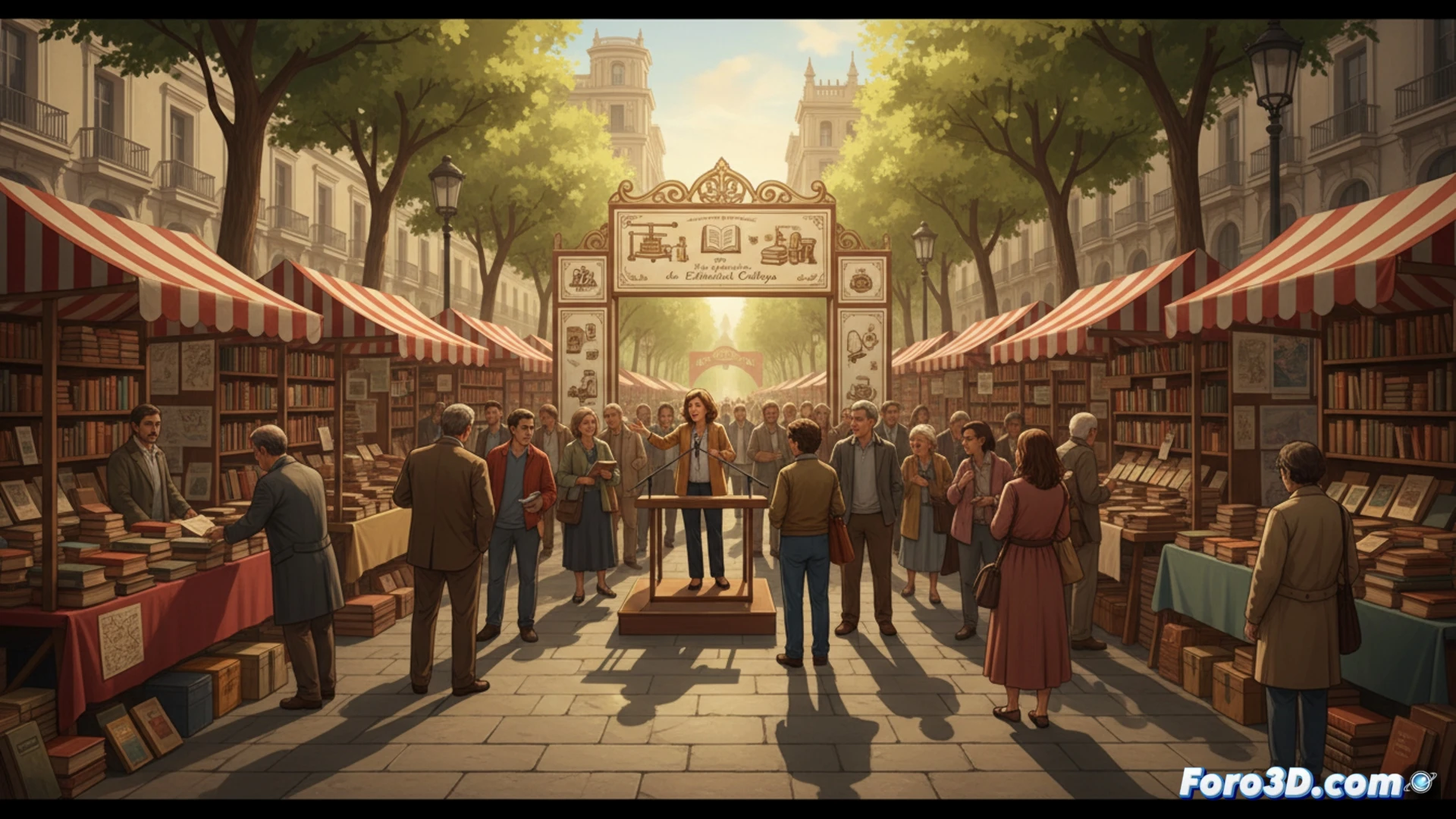 Caseta de feria con libros antiguos bajo toldo verde, letrero de Calleja y gente paseando en Recoletos.