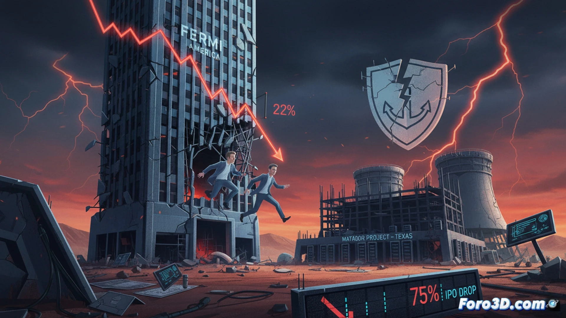 Un hombre de traje mira una pantalla con gráficos en rojo y un logo de Fermi America desplomándose.