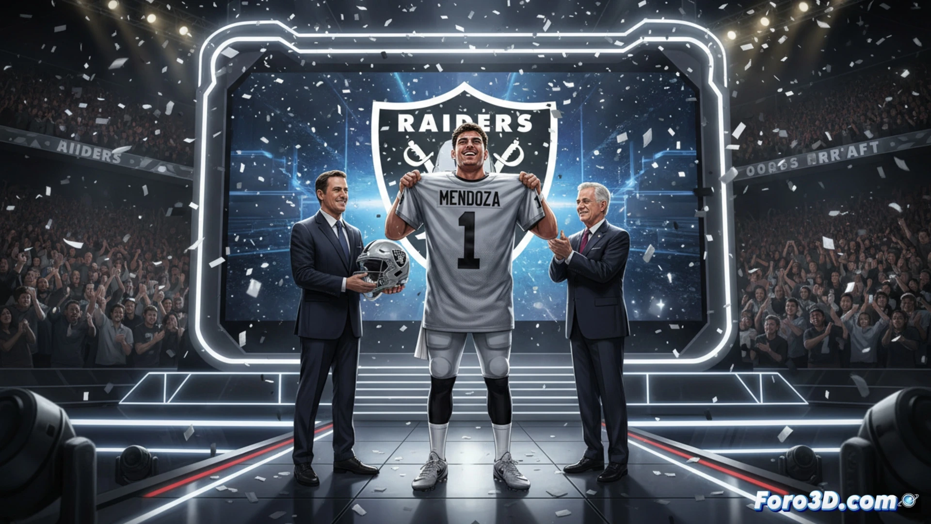 Fernando Mendoza, QB español, primer draft de 2026 por Raiders, celebra en el escenario de Las Vegas con bandera extremeña al fondo.