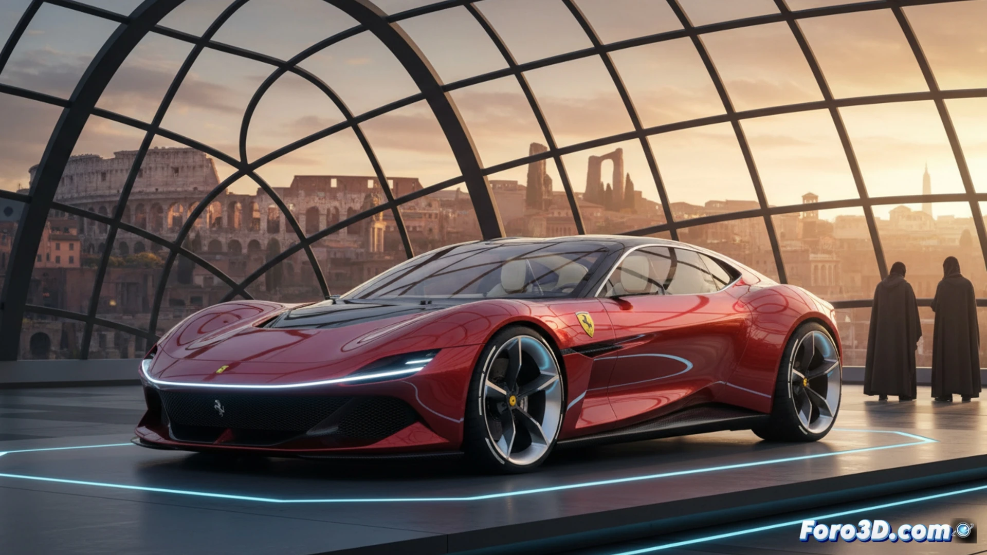 Un crossover GT eléctrico de Ferrari, elegante y exclusivo, sobre un fondo de lujo italiano.