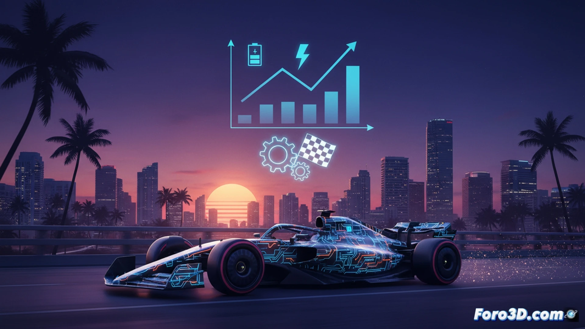 Algoritmo 3D de un sistema de recuperación de energía MGU-K de F1, mostrando flujos de potencia en rojo y azul.