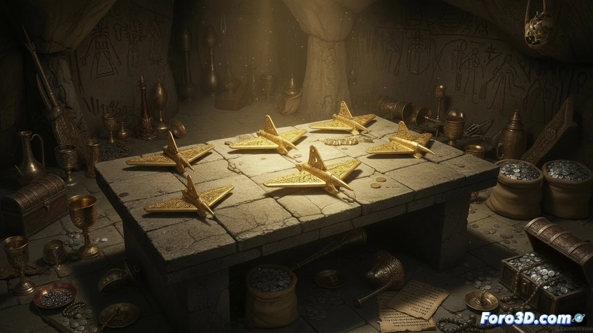 Modelo 3D detallado de una de las controvertidas figuras de oro de la cultura Quimbaya, sobre un fondo neutro.