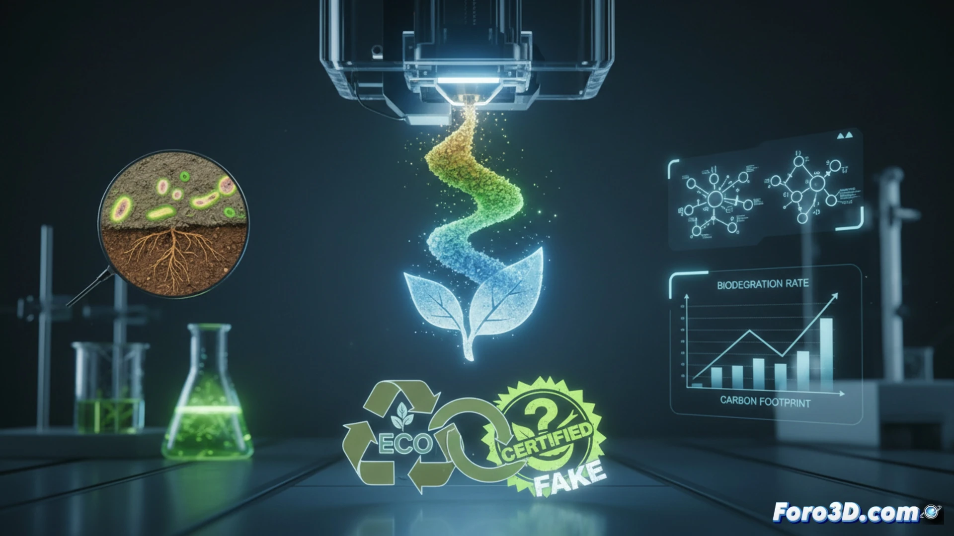 Una mano sostiene un carrete de filamento 'verde' junto a un símbolo de reciclaje y un certificado de biodegradabilidad con interrogantes.