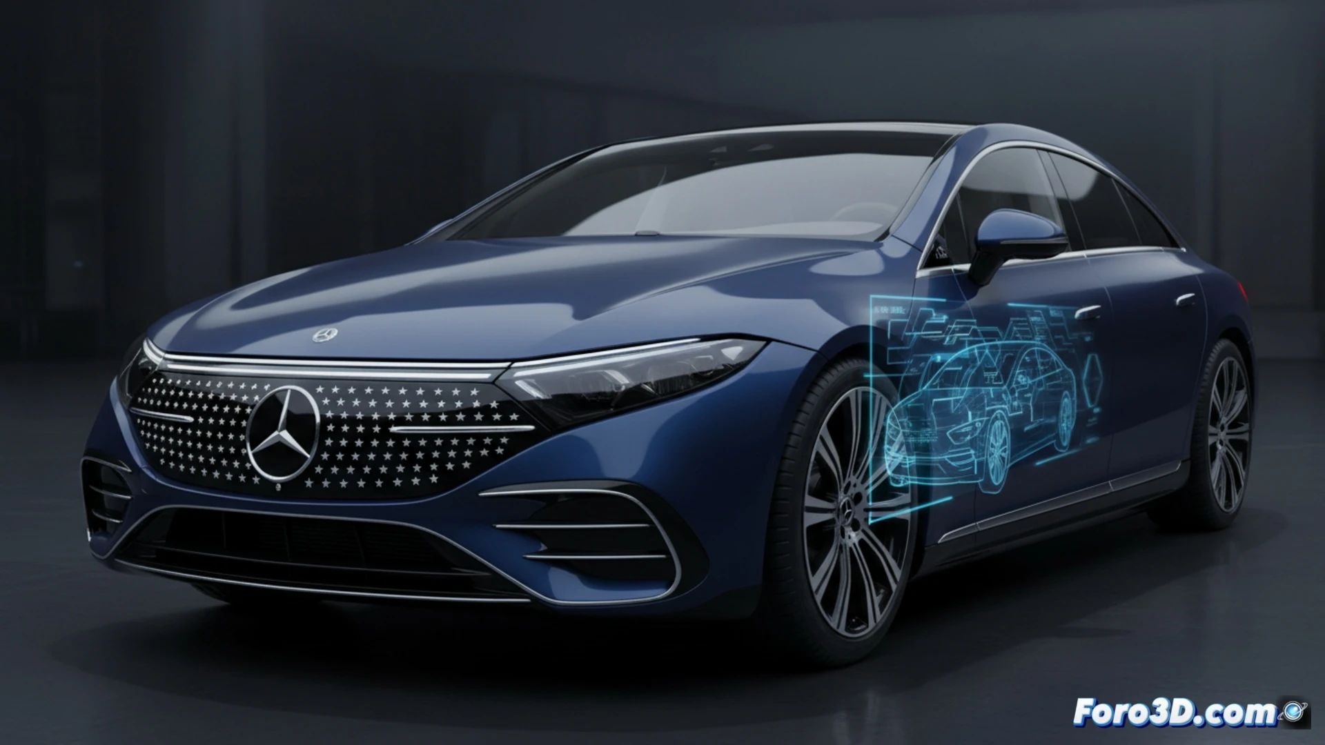 Mercedes EQS 2027 filtrado, con frontal clásico de estrellas y líneas horizontales, fusionando tradición y modernidad.