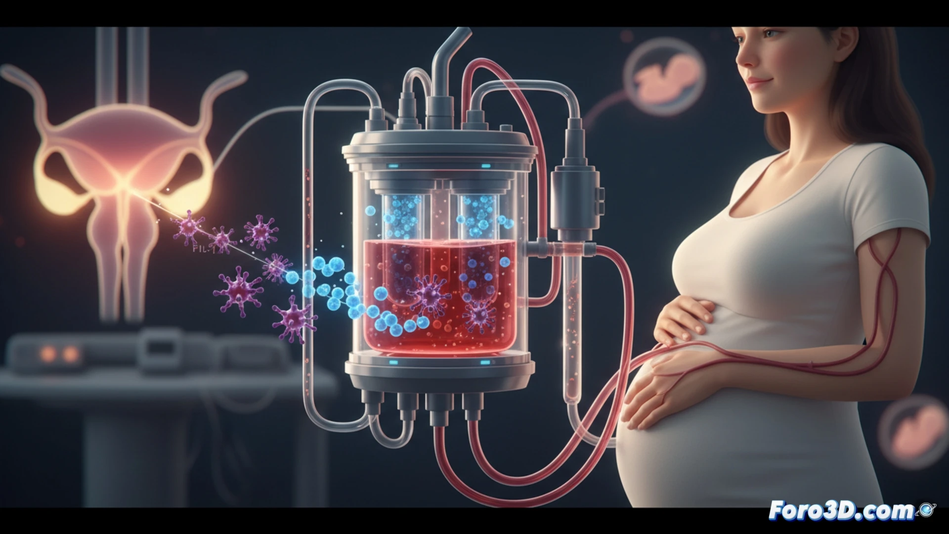 Ilustración científica: un filtro sanguíneo con anticuerpos atrapa el exceso de proteína Flt-1 en la sangre de una embarazada con preeclampsia.