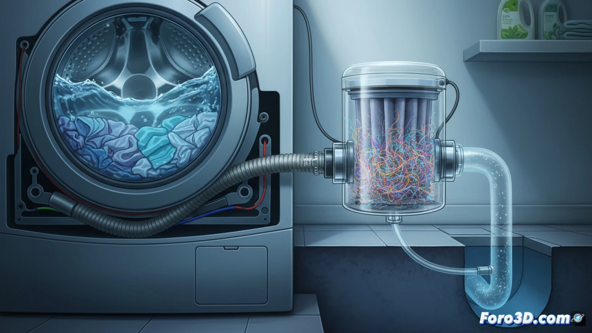 Modelo 3D de microfibras sintéticas atrapadas en la estructura filtrante de un dispositivo de captura para lavadoras.