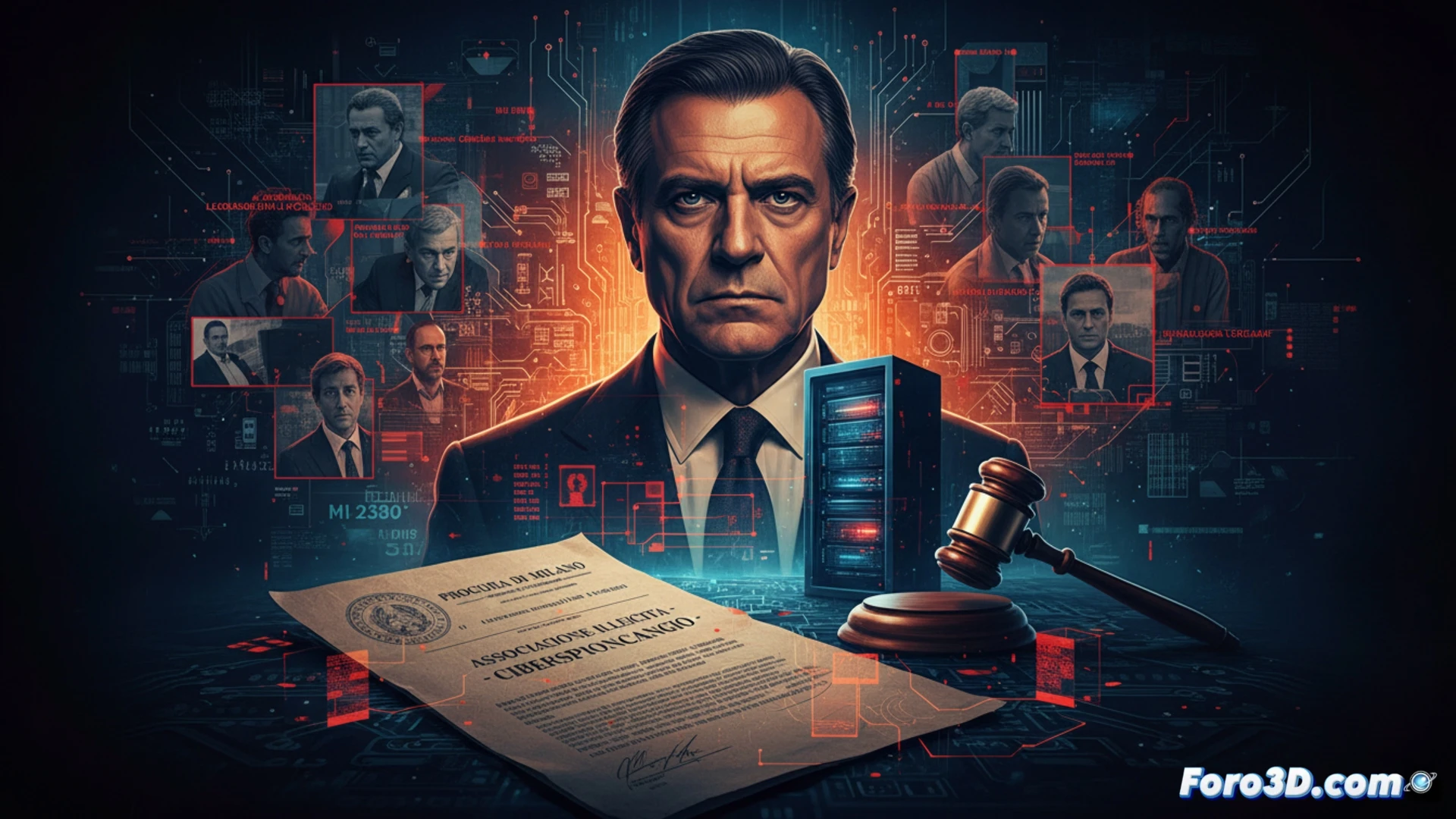 Una sala de audiencias con un juez revisando expedientes digitales sobre espionaje.