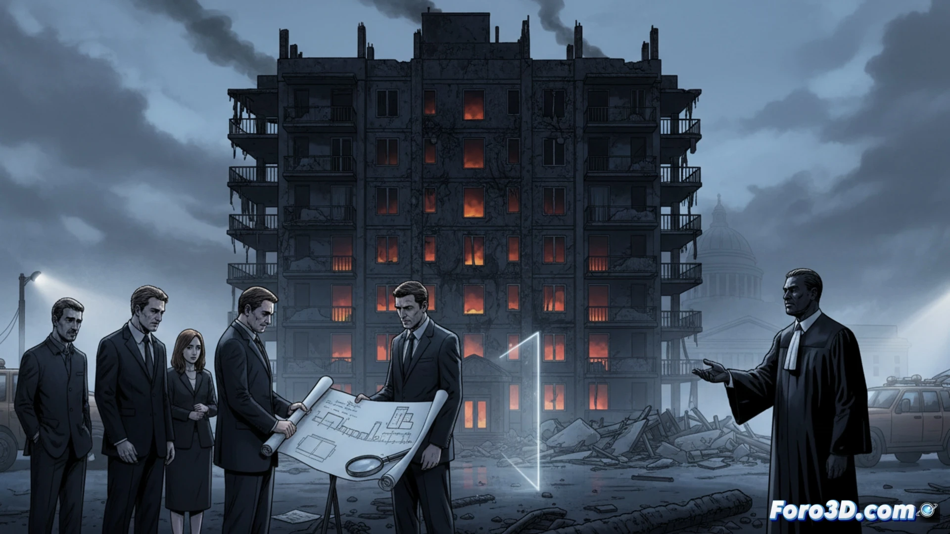 Fachada carbonizada de edificio en Campanar, con un documento oficial roto y un informe pericial sellado por la Fiscalía.