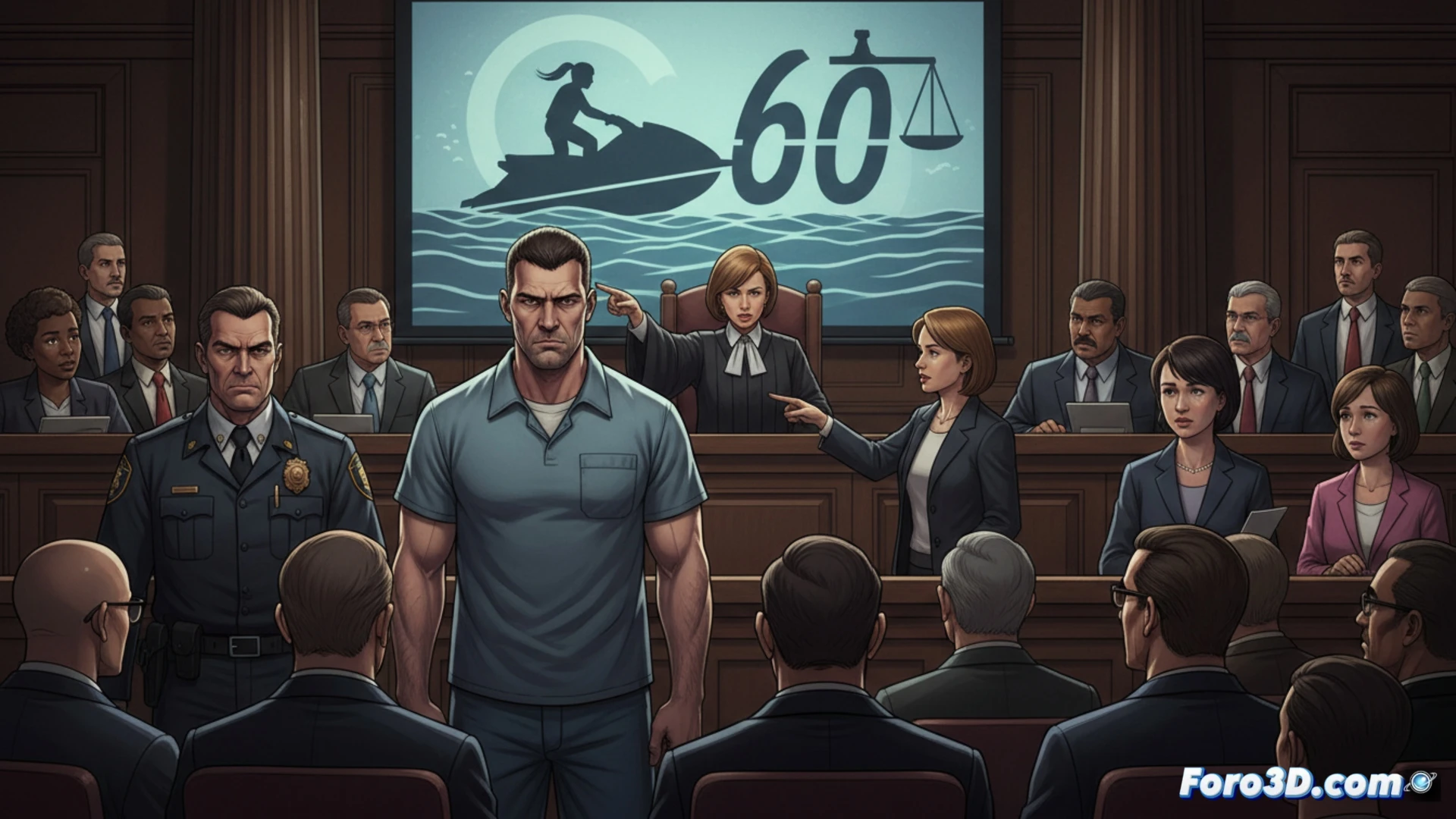 Una imagen impactante: una moto de agua solitaria en alta mar bajo un cielo tormentoso, con una niña mirando al horizonte y un hombre esposado siendo escoltado por agentes federales.