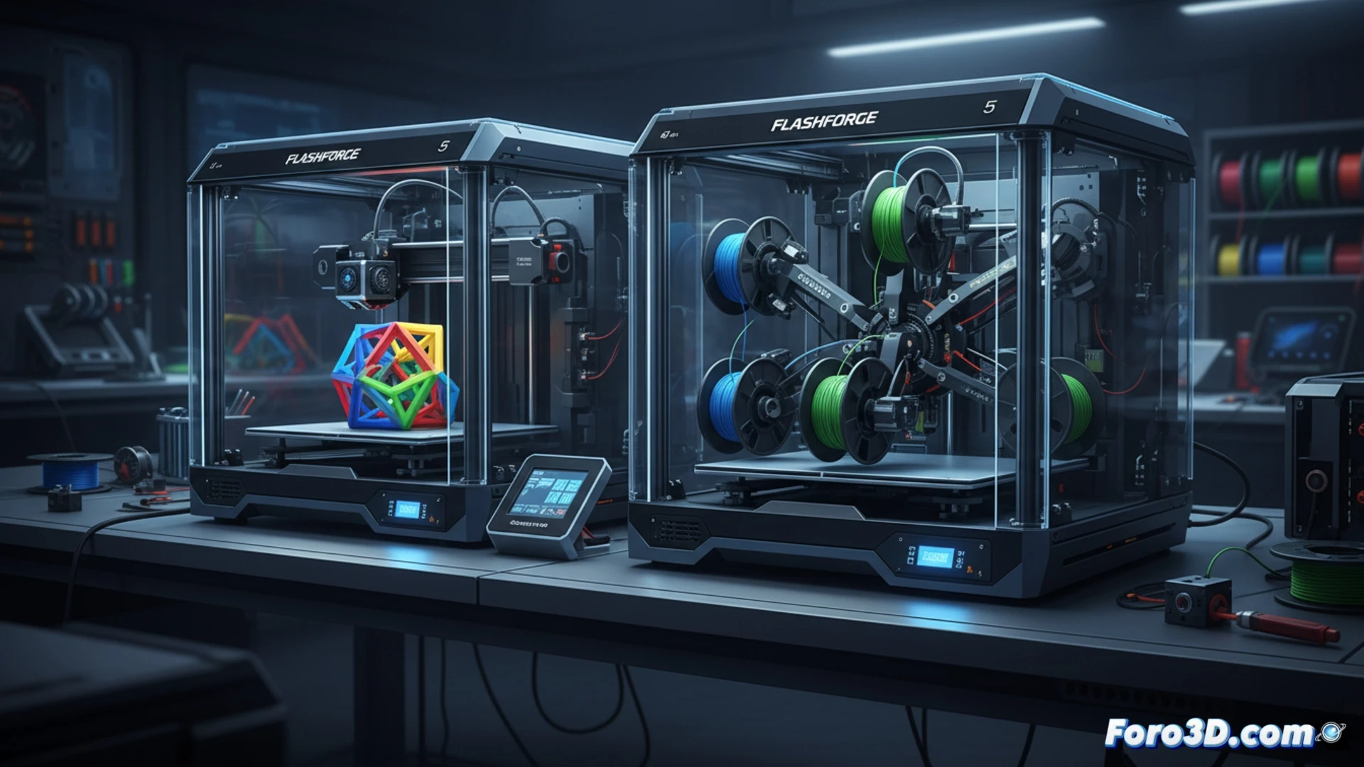 Impresora 3D Creator 5 Pro cambiando cabezal de color con sistema FlashSwap, eliminando torres de purga.