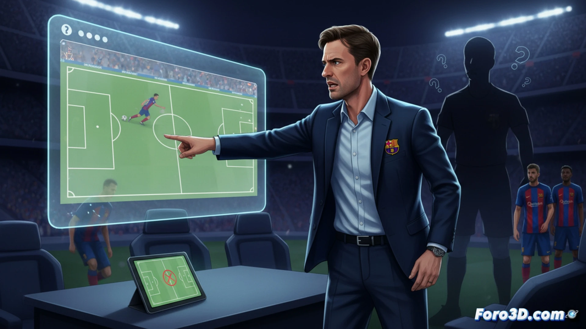 Recreación 3D de una jugada polémica de fútbol, mostrando posiciones de jugadores y líneas de fuera de juego virtuales.