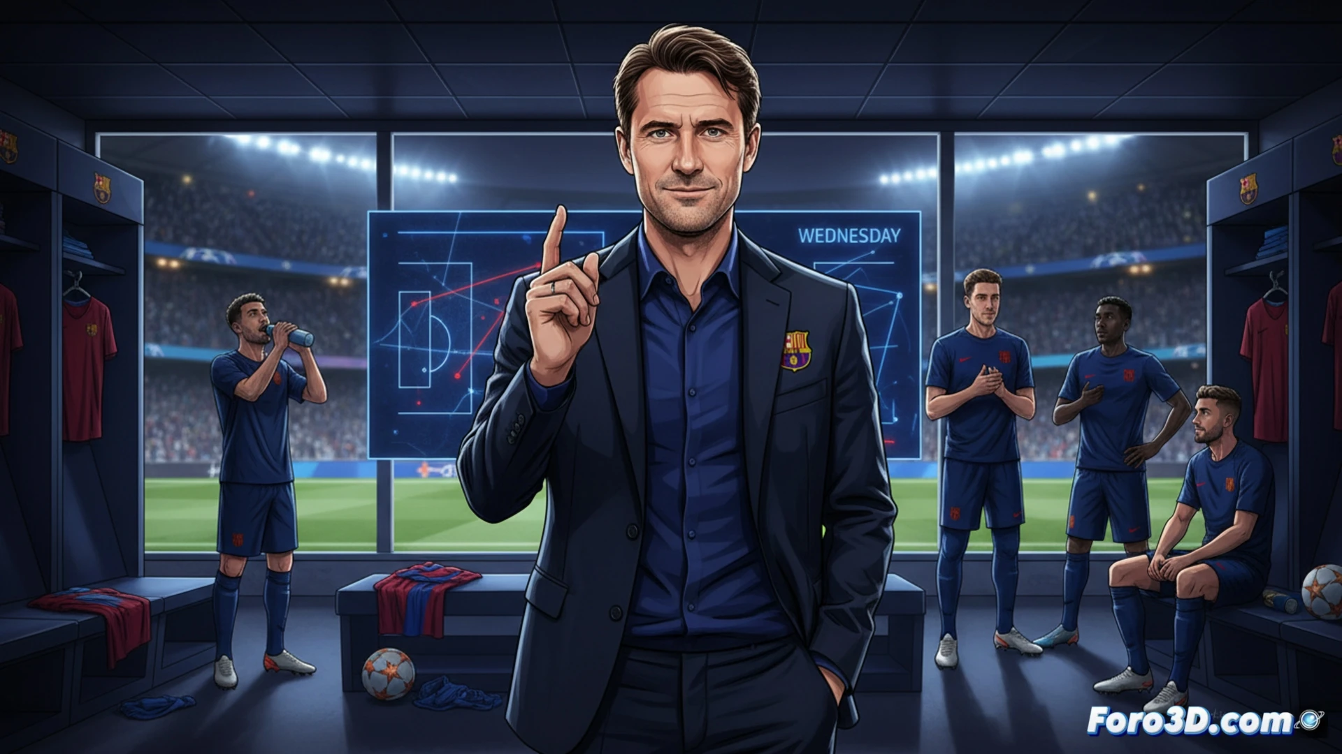 Hansi Flick, serio en rueda de prensa, con estadísticas del partido. Expresión concentrada, evitando euforia. Fondo neutro, enfatizando su mensaje de 