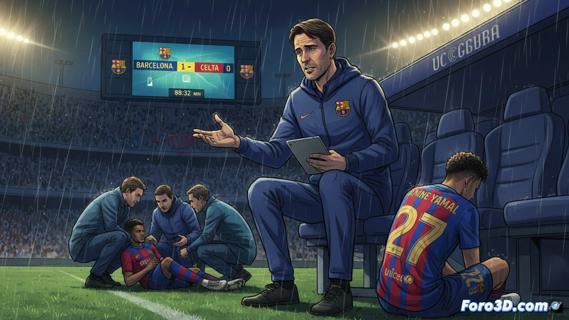 Hansi Flick, serio, habla en rueda de prensa. Atrás, una imagen de Lamine Yamal celebrando su gol, ahora lesionado.