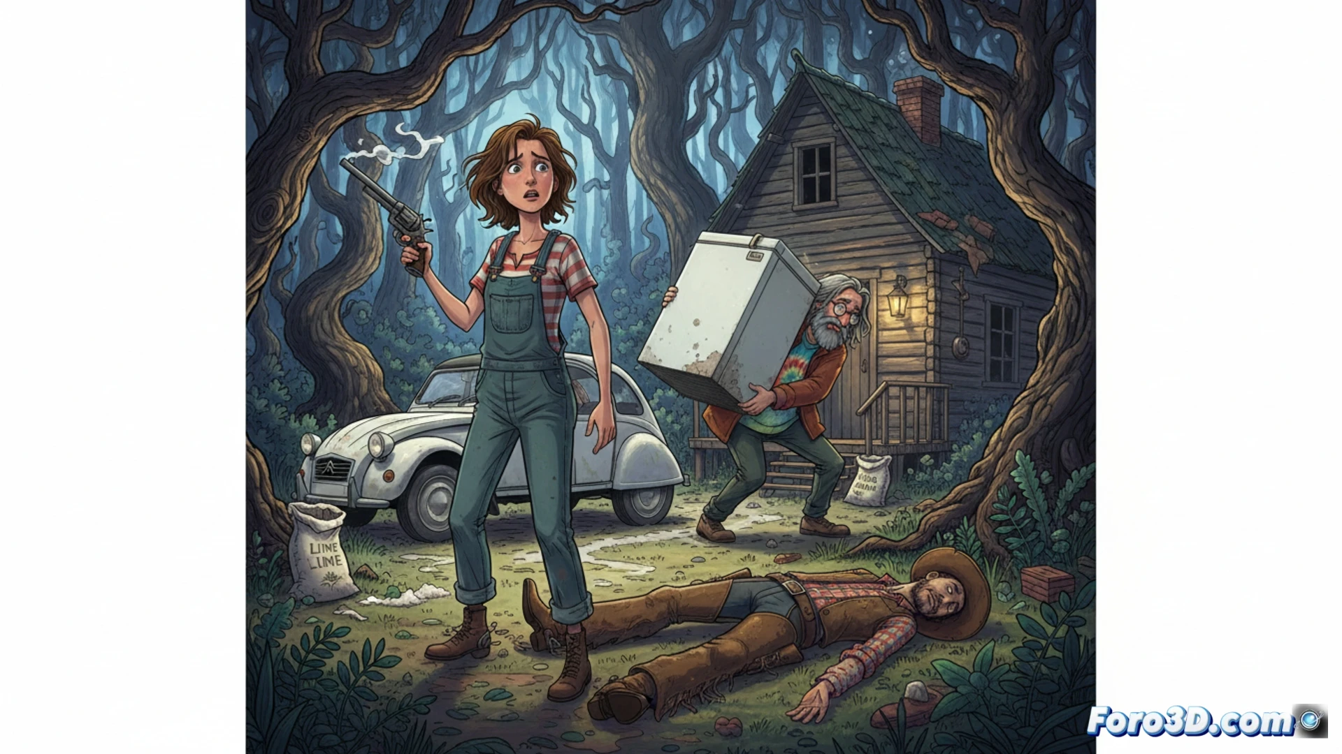 Una joven de pelo rojo y rostro pálido arrastra un cadáver de vaquero hacia un congelador roto, en un garaje lleno de cal y pintura.