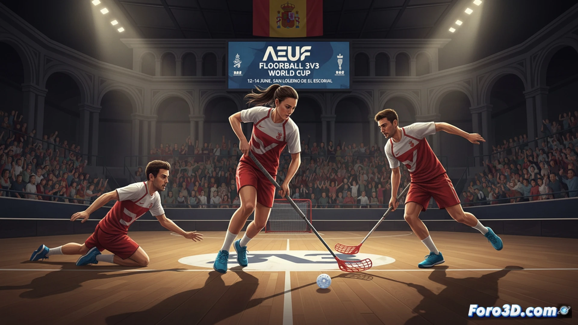 Tres jugadores de floorball en acción sobre una pista azul, con bastones y pelota naranja, bajo el lema 'España Compite' y el escudo del CSD.