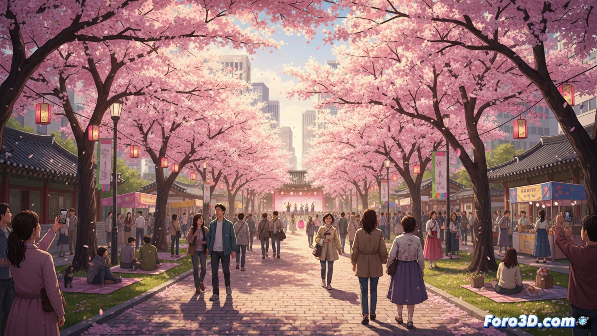 Un mar de cerezos en flor enmarca el Palacio Gyeongbokgung, con visitantes disfrutando del paisaje primaveral bajo un cielo despejado.