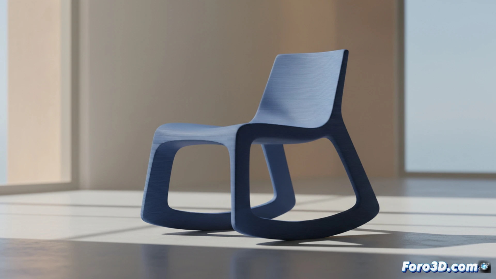 Un taburete mecedor de una sola pieza continua, impreso en 3D, con una base curva que permite balancearse de forma orgánica.