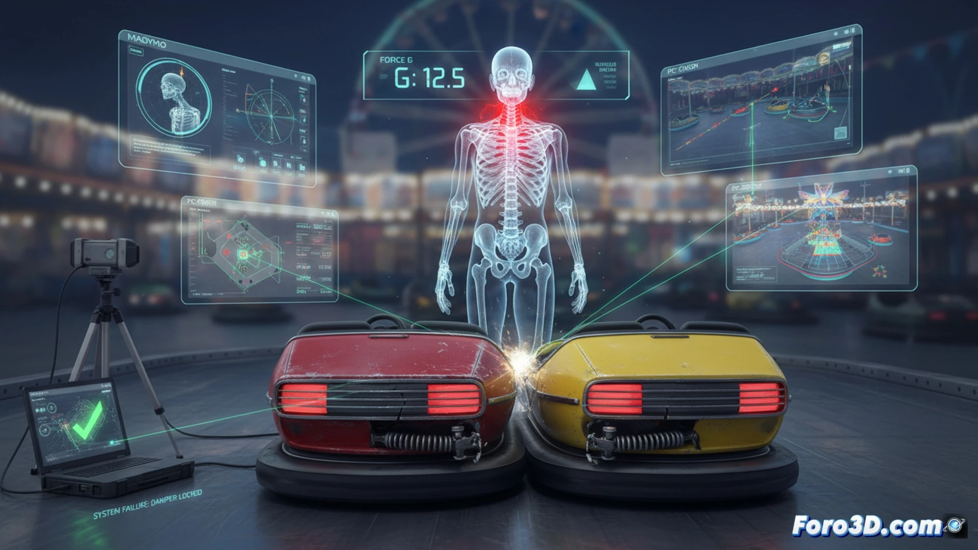 Escaneo láser 3D de coche de choque y simulación biomecánica de lesión cervical en atracción