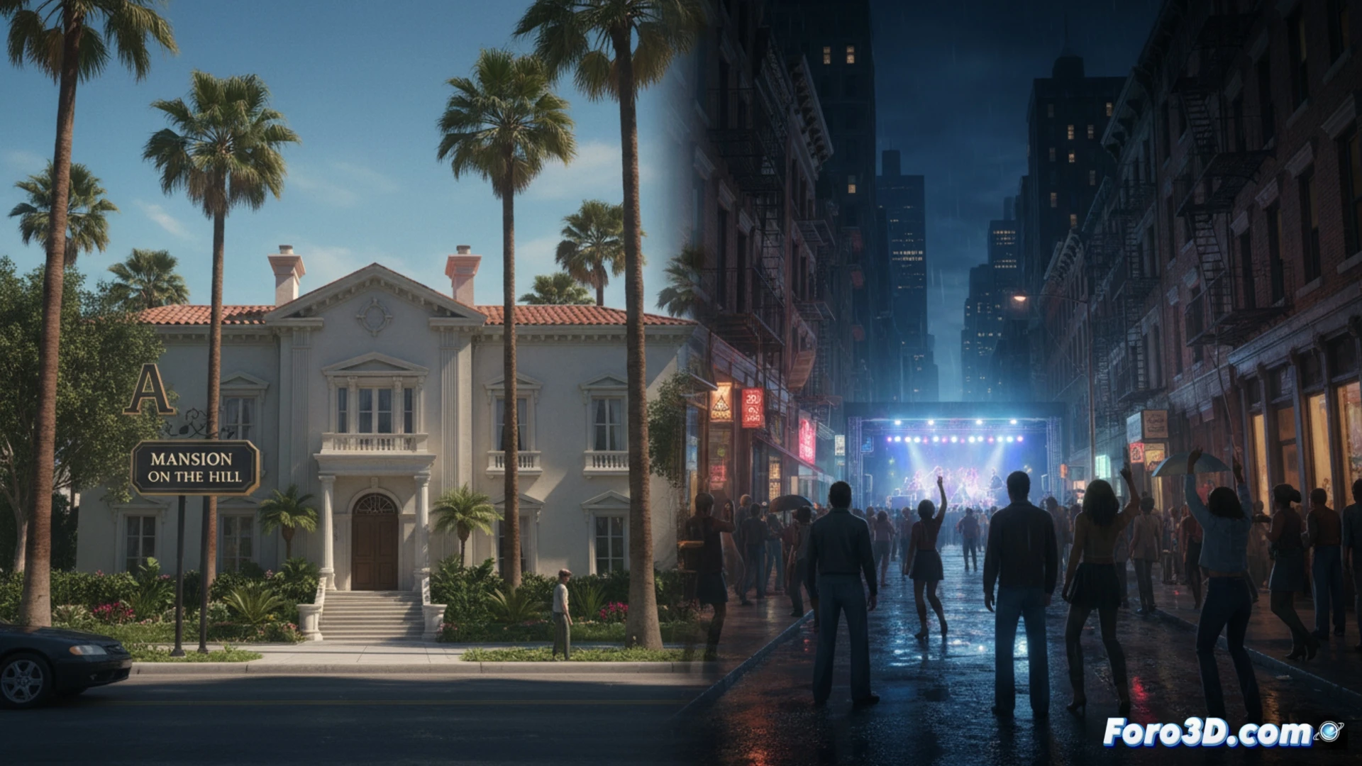 Una escena nocturna de los 80: un coche cruza un paisaje urbano extenso, con neones tenues y una mansión en la colina sin alteraciones digitales visibles.