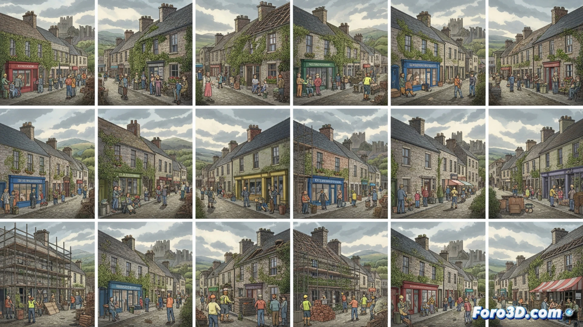 Imagen de un pueblo irlandés con edificios históricos en restauración, obreros trabajando y un cartel de proyecto de financiación.