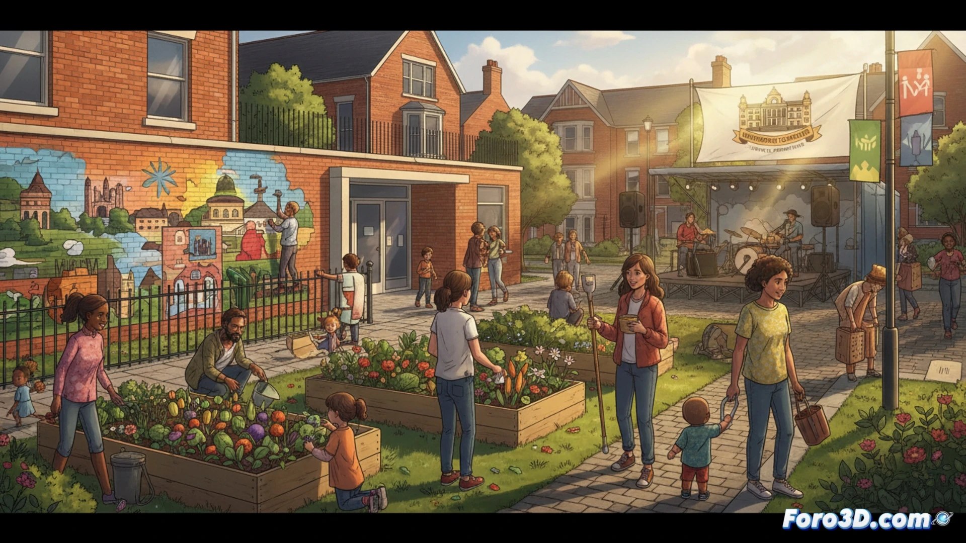 Jardín comunitario en Watford con vecinos plantando, fondo municipal visible, letrero de talleres vecinales al fondo, ambiente colaborativo.