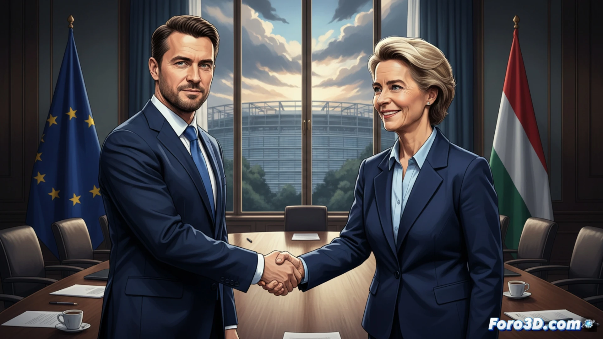 Mapa 3D de Europa con fondos congelados y rutas de deuda húngara hacia Bruselas