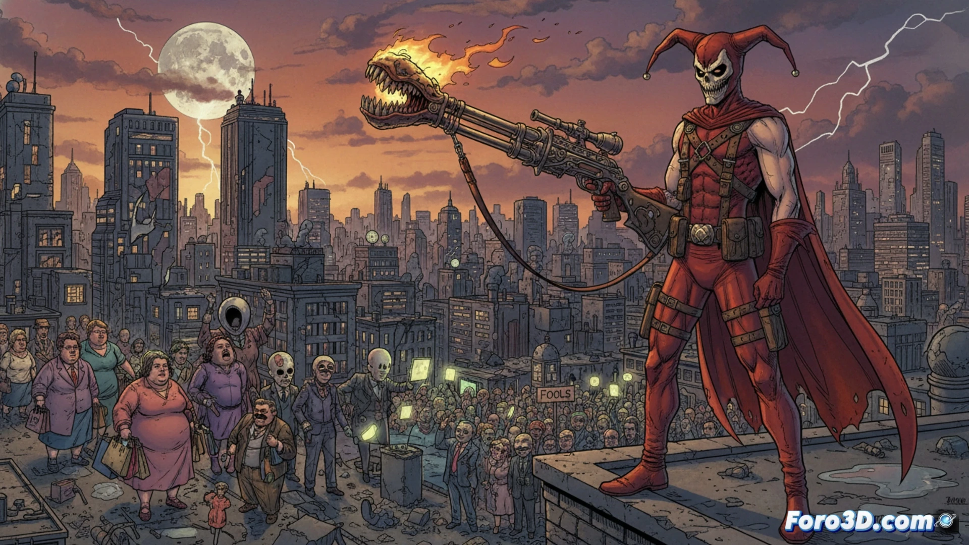 Un veterano con un arma de energía, frente a símbolos de una sociedad que critica como absurda y decadente.