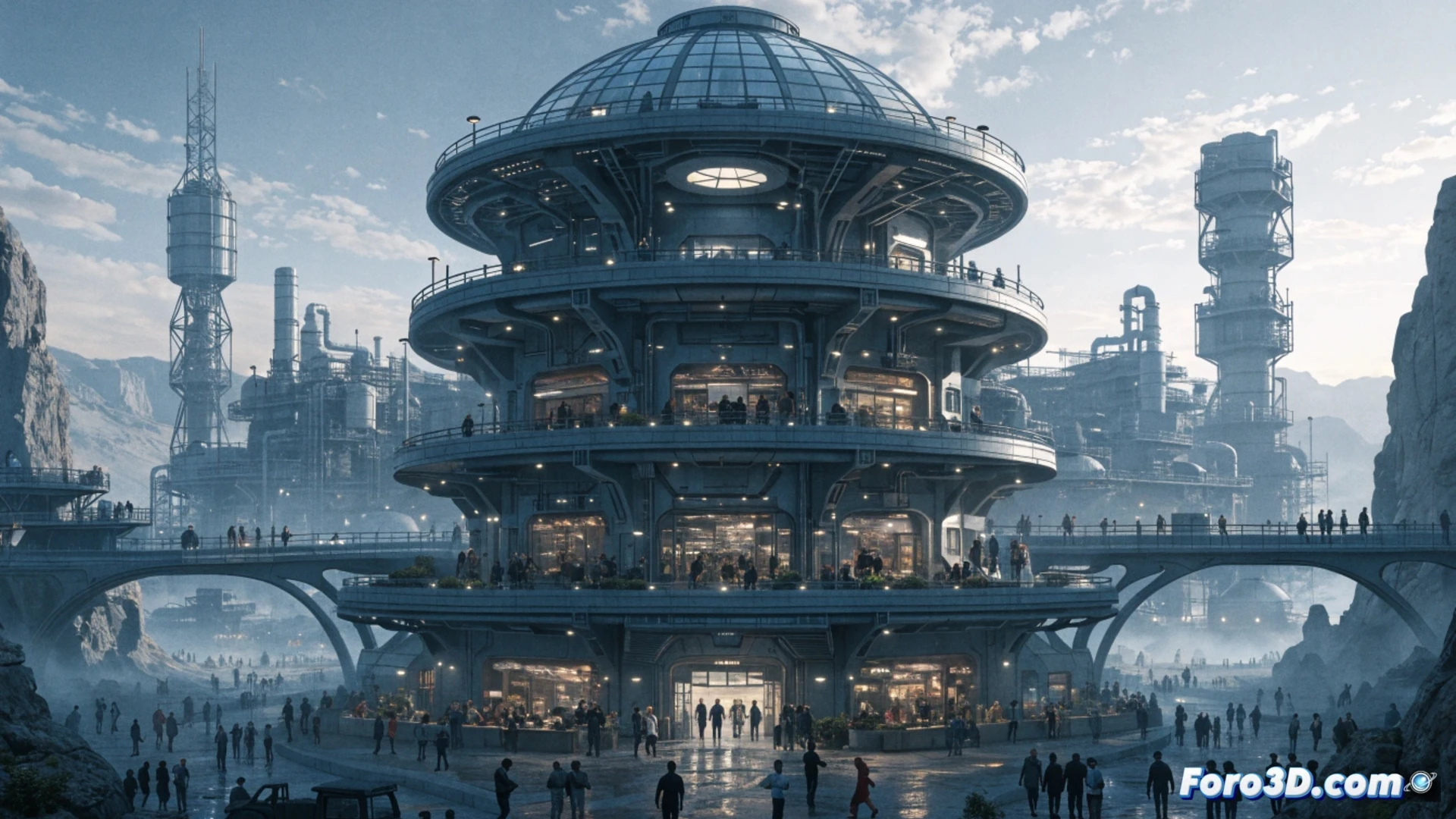 Vista interior de la colonia marciana, con niveles y pasarelas que recuerdan a Deep Space Nine.