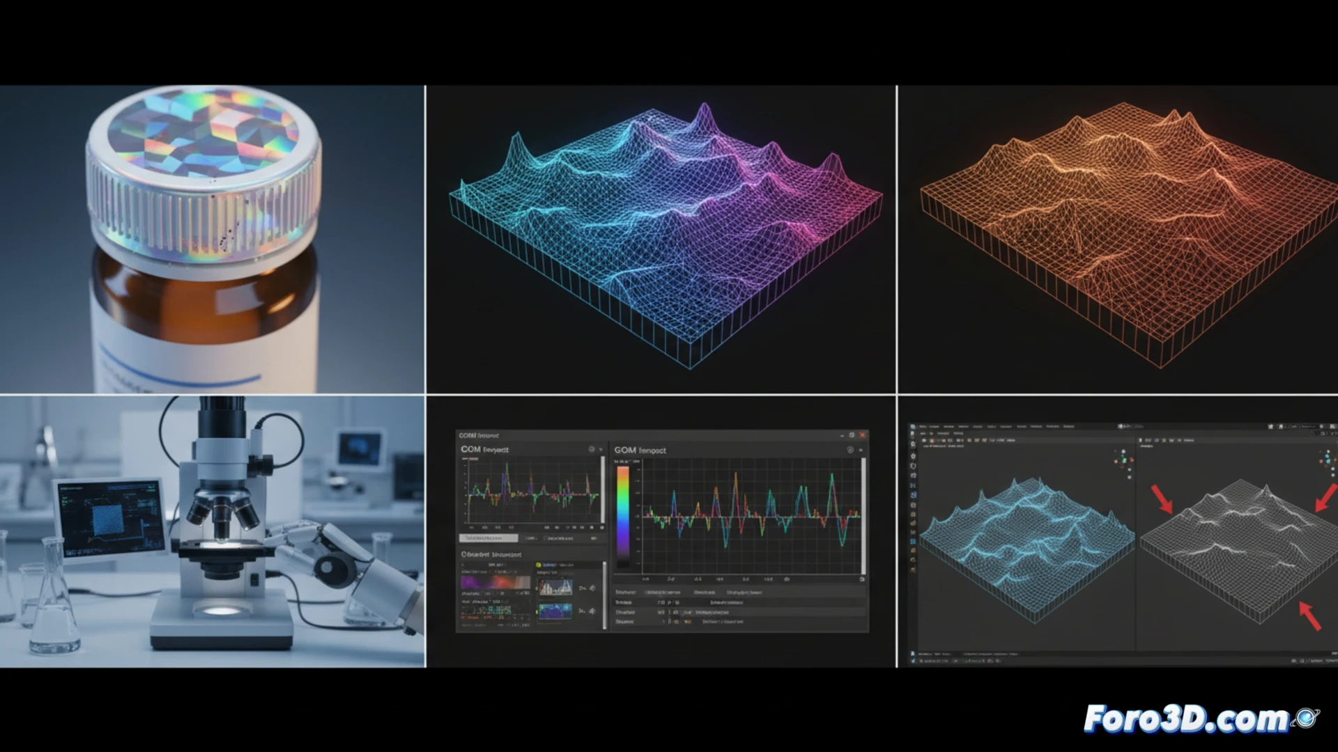 Modelo 3D de un holograma de seguridad generado a partir de datos de microscopía de fuerza atómica, mostrando su nano-estructura.