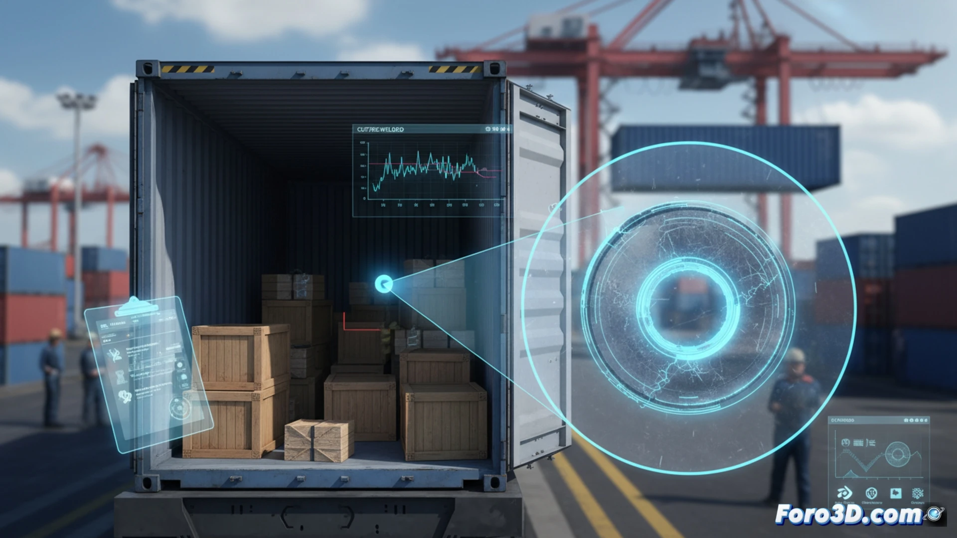 Escáner 3D capturando la superficie microscópica de un sello de seguridad metálico, revelando deformaciones invisibles.