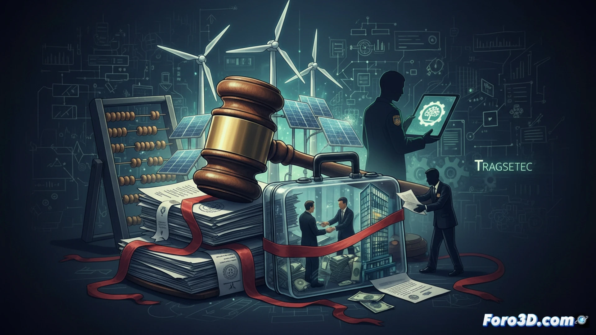 Una juez examina documentos sobre proyectos eólicos, mientras en un segundo plano aparecen siluetas de turbinas y el logotipo de una empresa pública.