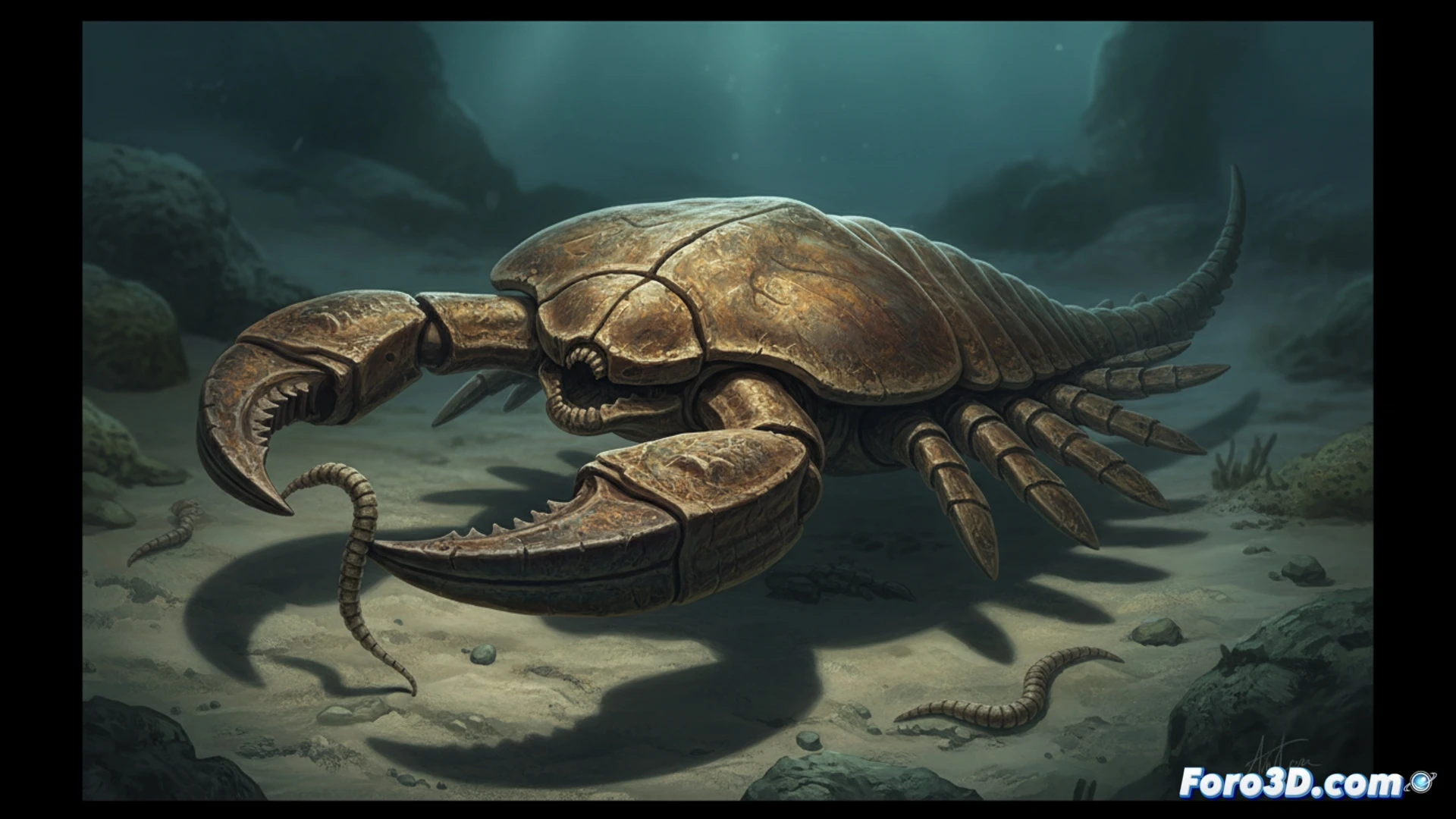 Fósil cámbrico con las primeras pinzas, ancestro de arañas y escorpiones, preservado en roca.