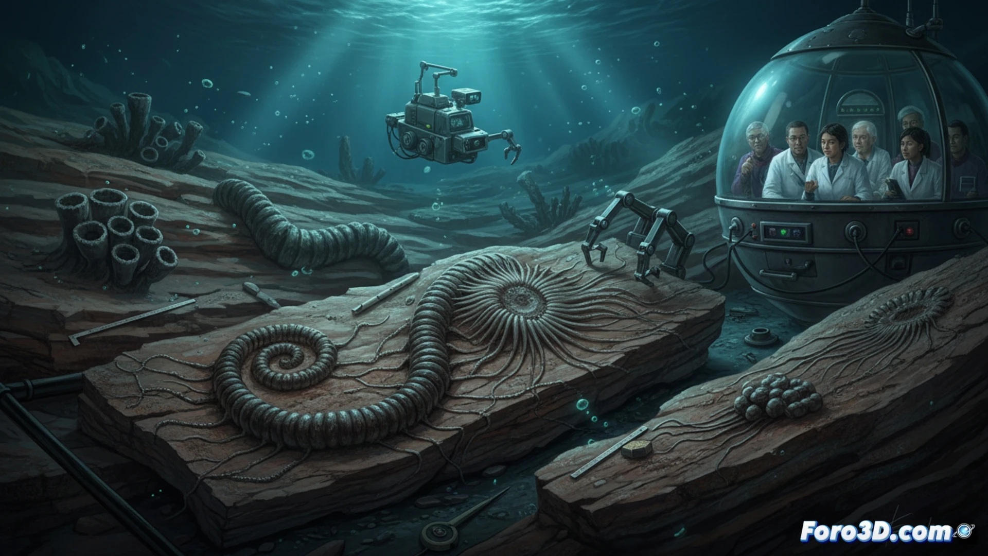 Fósiles cilíndricos con tentáculos del Ediacárico, evidencia de complejidad animal previa a la explosión cámbrica.