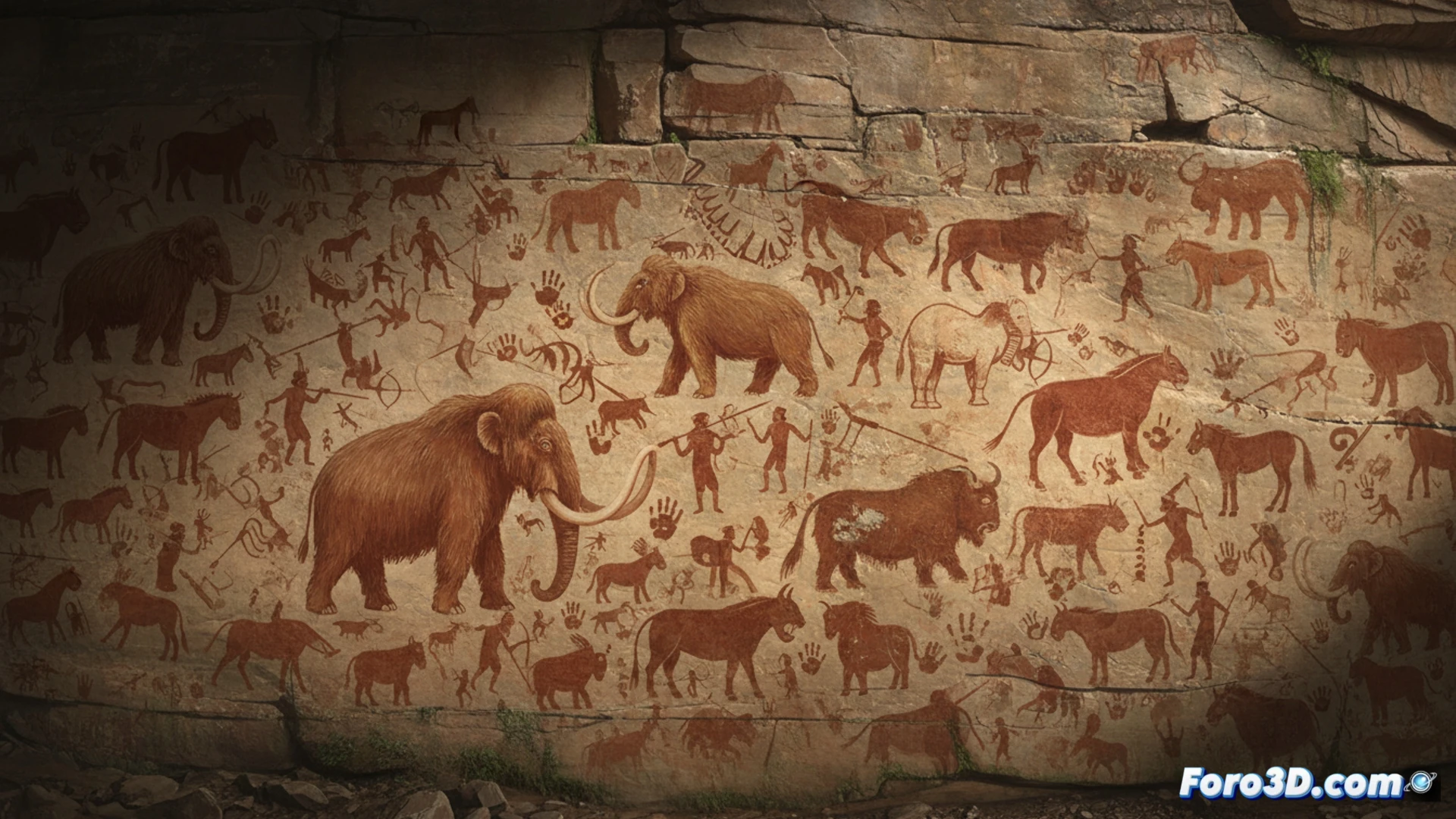 Vista 3D de un segmento del extenso mural rupestre, mostrando figuras de animales extintos capturadas mediante fotogrametría digital.