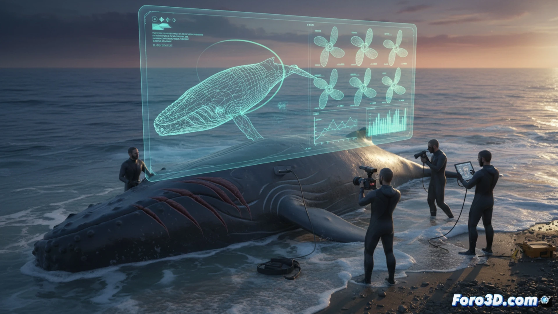Ballena varada con heridas de hélice, modelo 3D forense para identificar embarcación responsable.