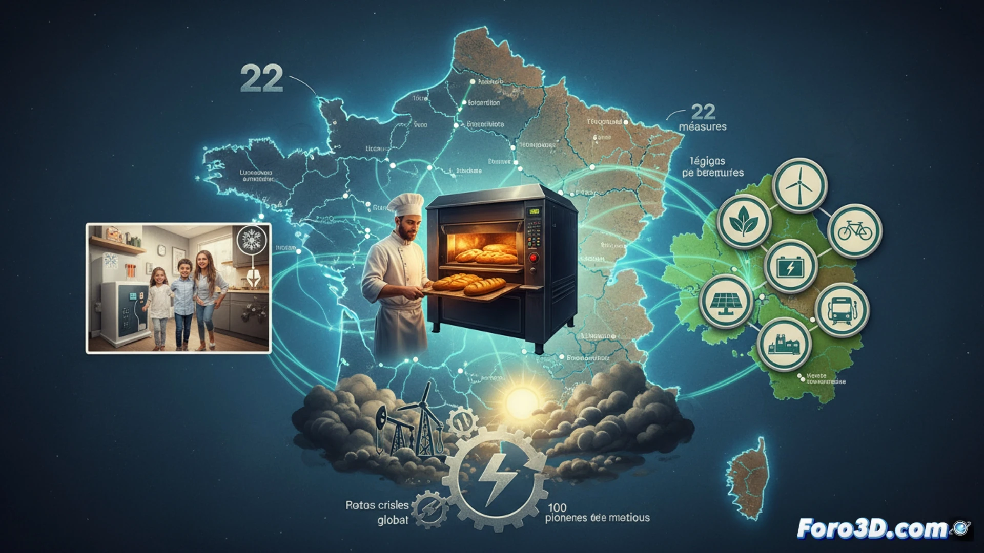 Un mapa de Francia con 22 iconos brillantes: bombas de calor, panaderías y hogares, simbolizando la electrificación nacional.